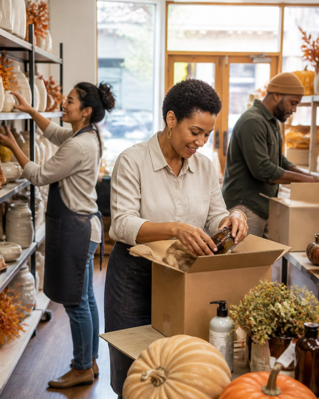 Retail owner and employees unpacking fall inventory in a storefront