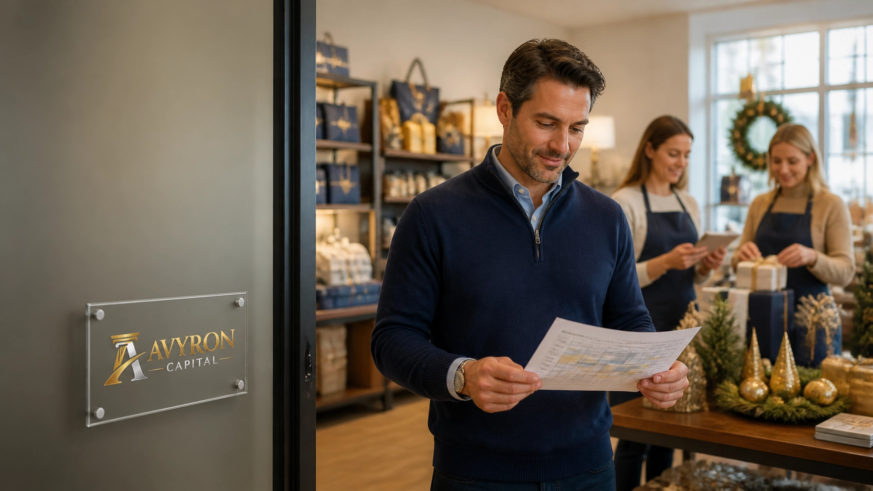 Independent retail owner reviewing a holiday staffing plan with employees in a decorated boutique, featuring the Avyron Capit