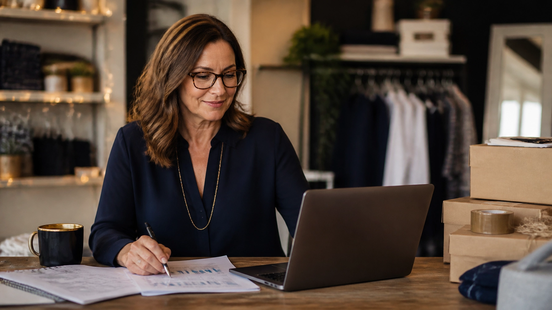 Independent retail owner reviewing payroll and cash-flow notes with a funding advisor on a laptop in a store office