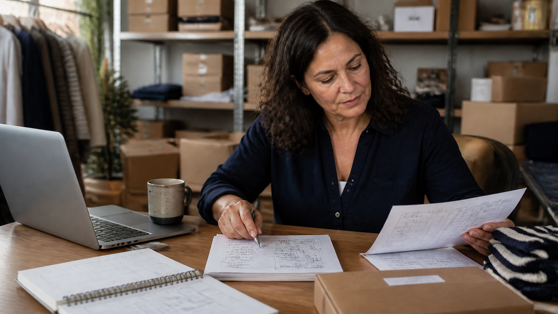 Independent retailer analyzing a Q4 sales forecast, staffing calendar, and payroll budget in a store back office