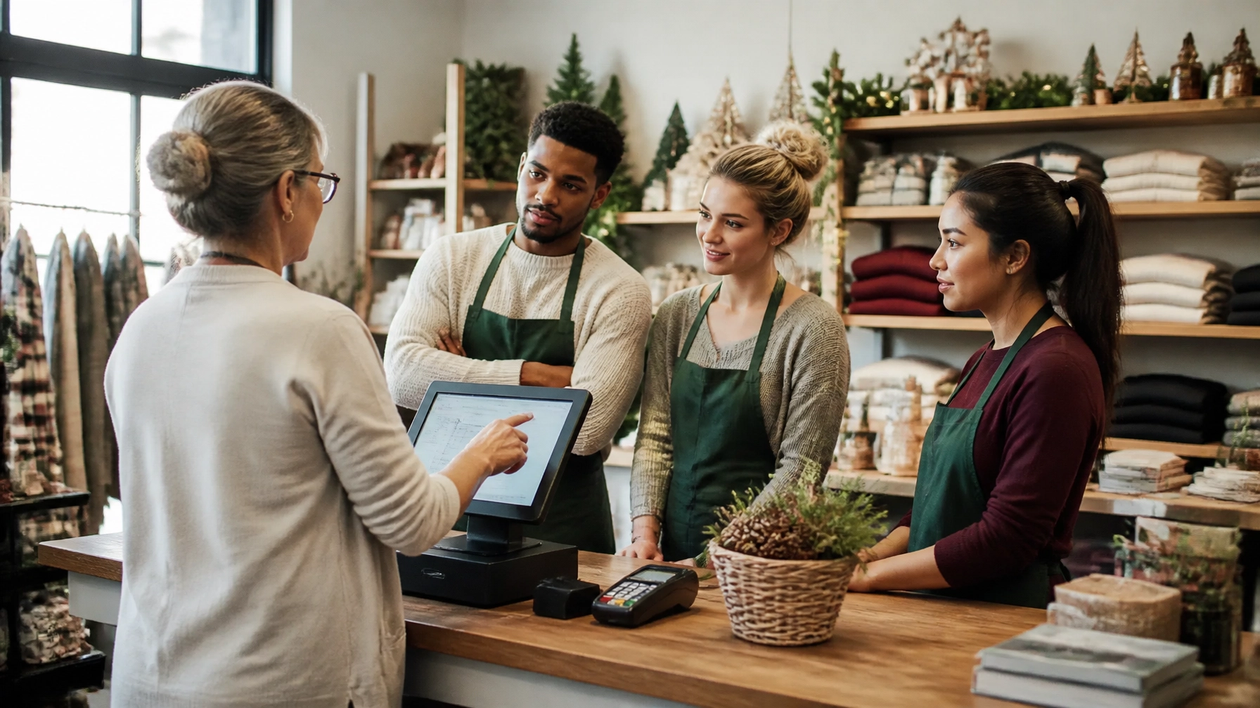 Retail owner training a diverse seasonal team at a point-of-sale counter in a holiday-decorated independent store