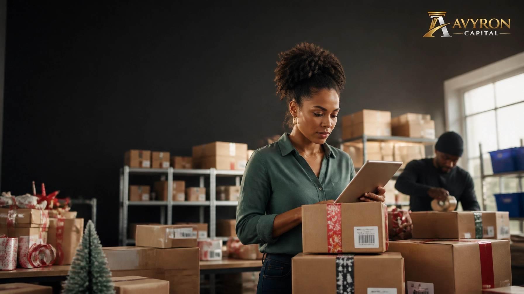 E-commerce brand owner inspecting holiday inventory in a fulfillment warehouse