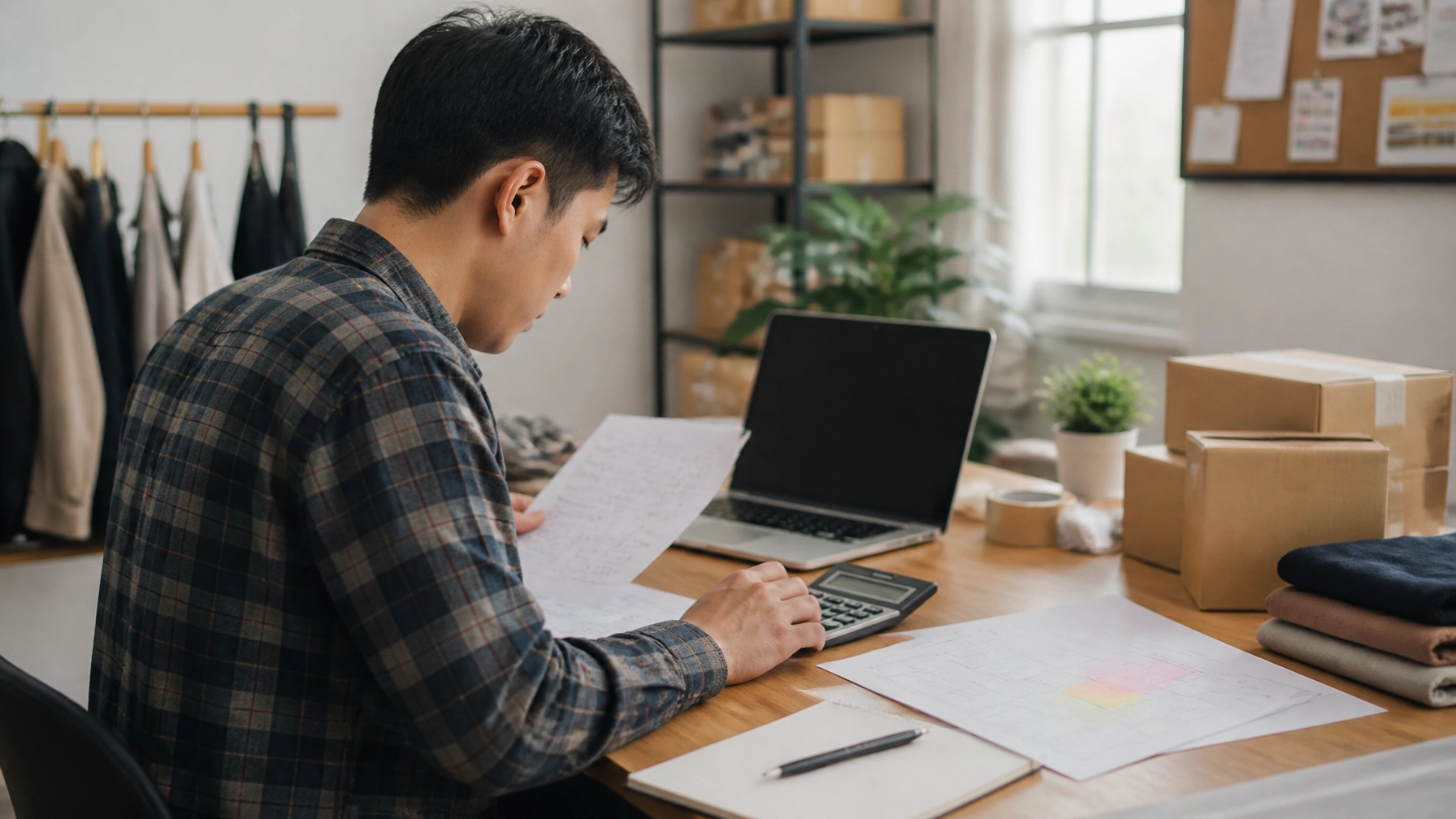 E-commerce founder planning Q4 inventory turnover and cash reserves at an office table