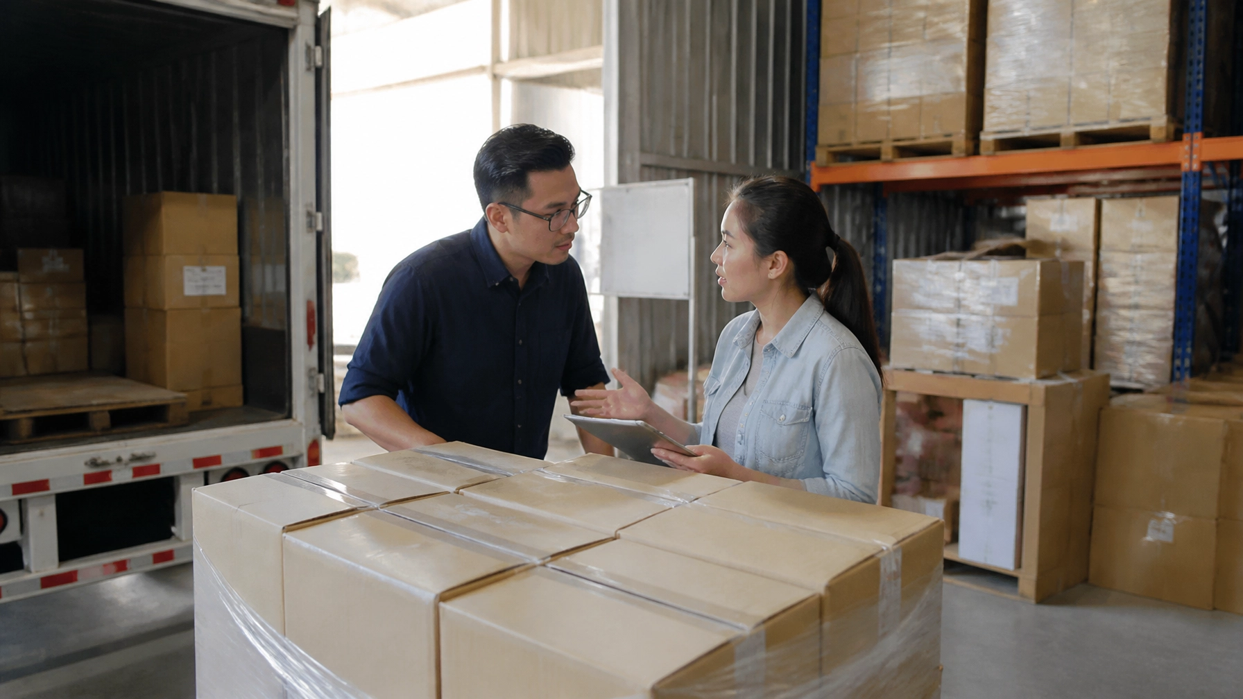 E-commerce founder discussing bulk inventory cartons with a supplier representative