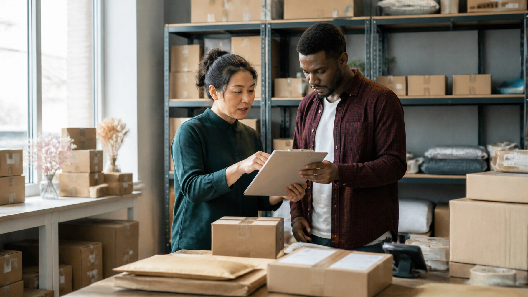 E-commerce founder and warehouse team member reviewing holiday inventory and SKU planning