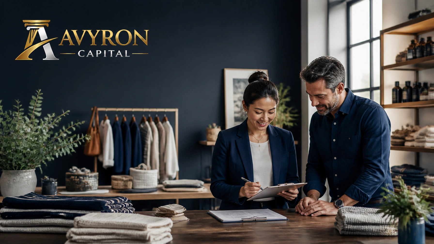 Independent retail owner reviewing inventory and sales with a funding advisor in a modern store