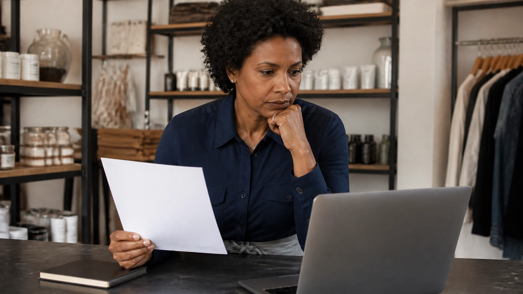 Retail store owner reviewing a difficult bank funding decision on a laptop in the back office