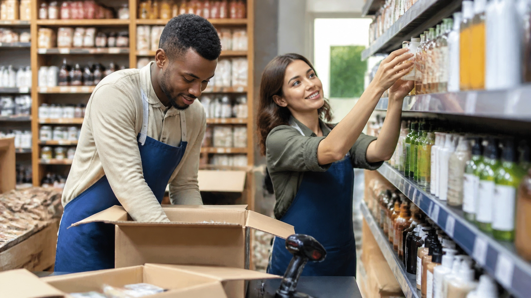 Retail owner and employee unpacking new inventory boxes and stocking a busy neighborhood store