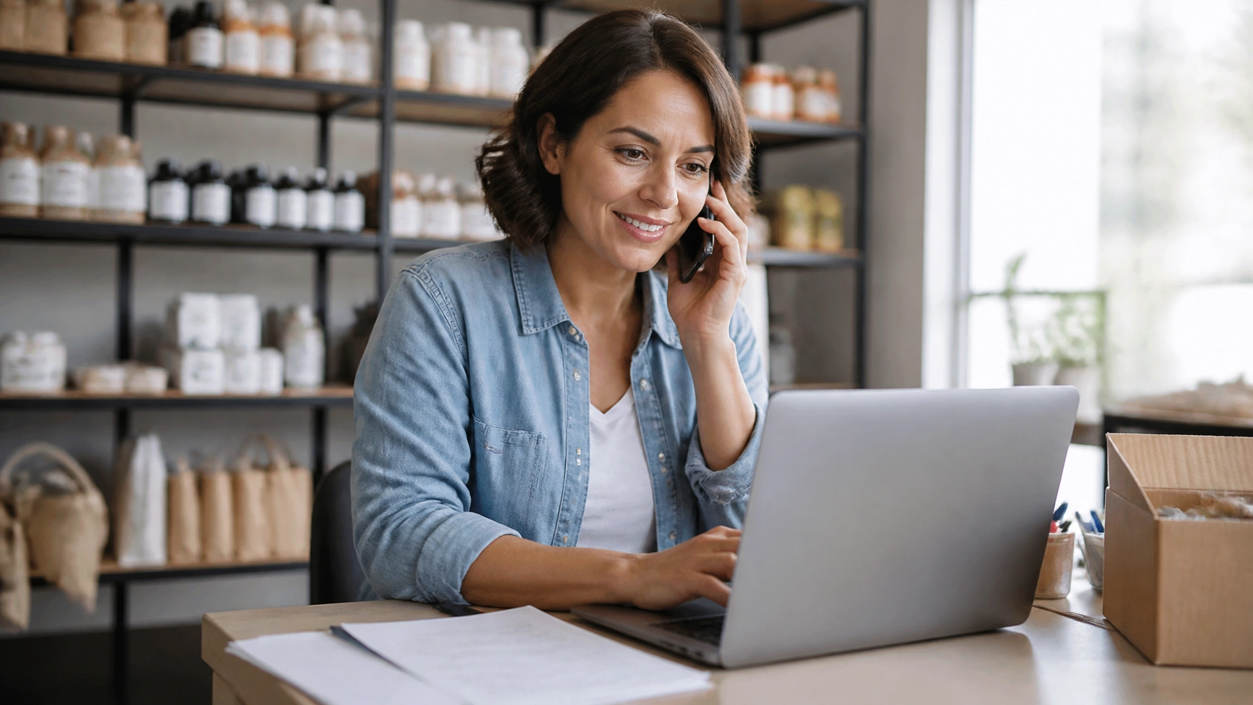 Retail business owner completing a quick online funding application from the back office of a store