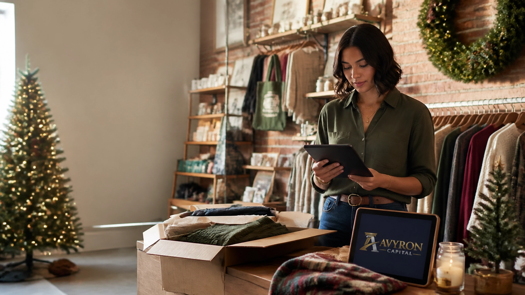 Small retail store owner reviewing holiday inventory in a warmly lit shop