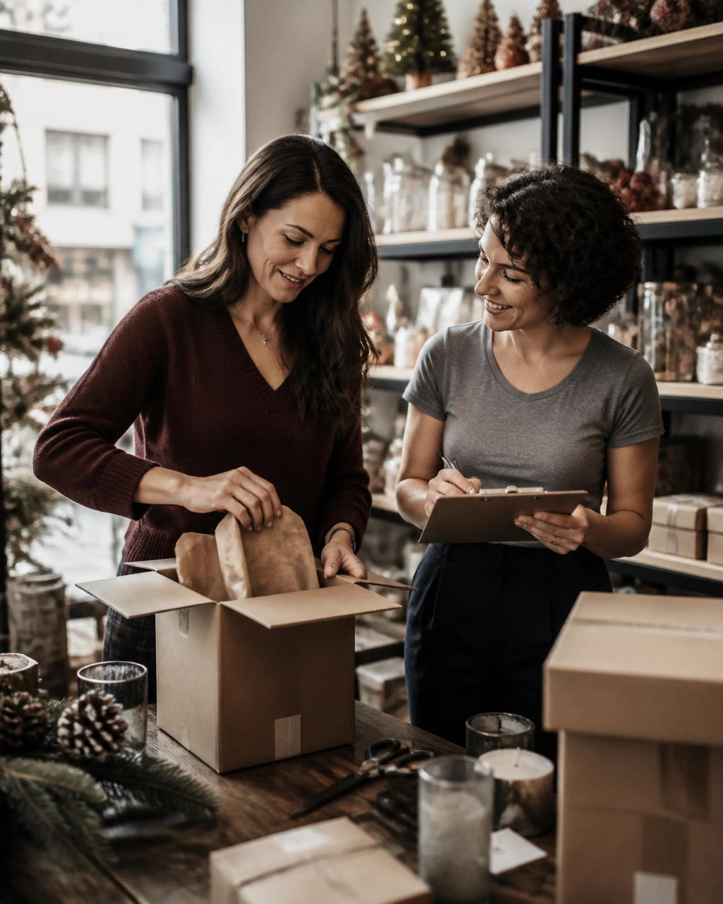 Retail owner and employee preparing holiday inventory in a real boutique