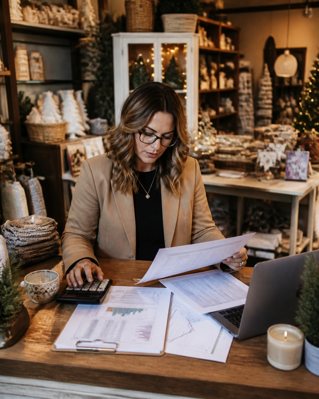 Retail business owner reviewing a Q4 cash-flow plan at a store counter