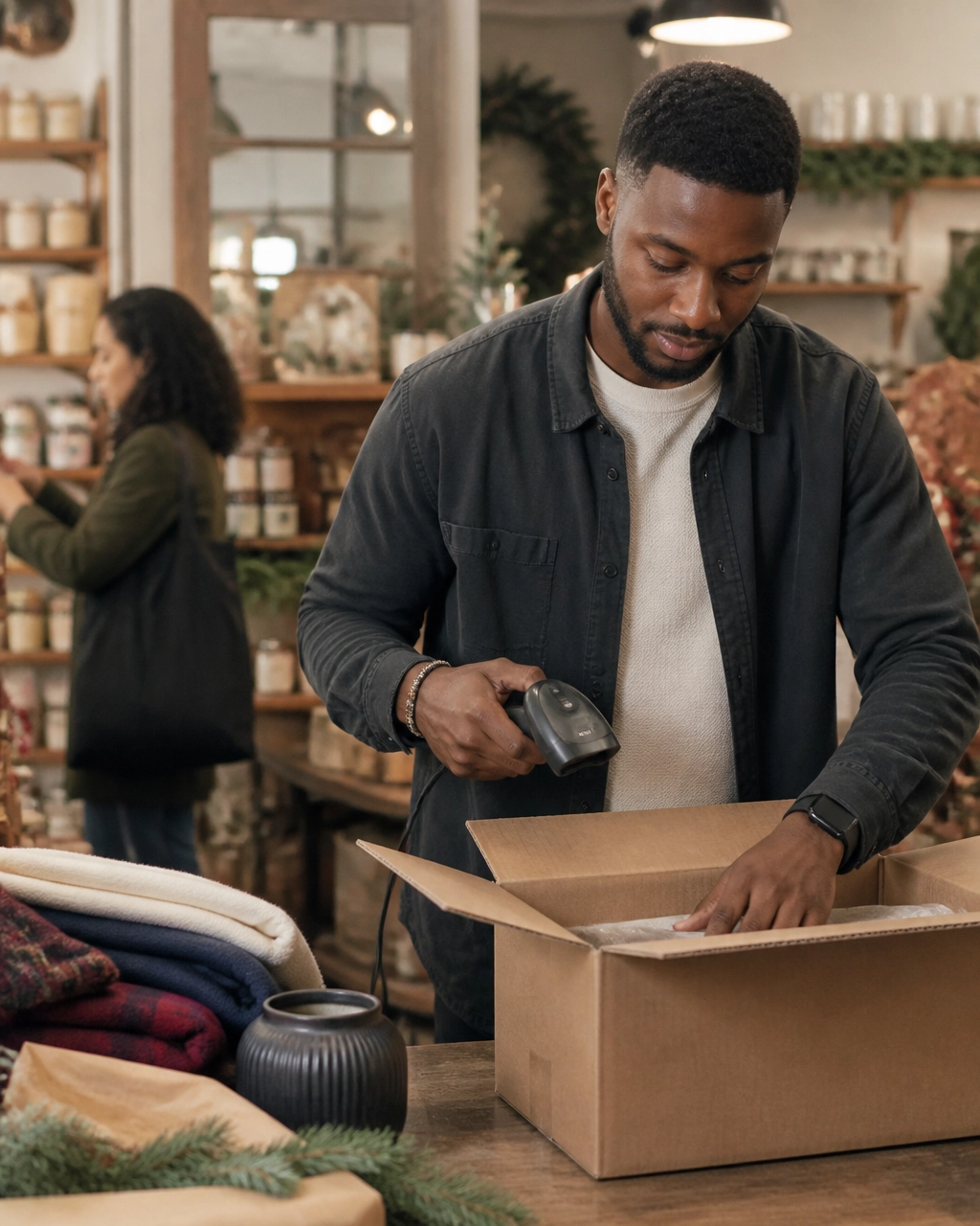 Retail owner receiving inventory and checking products during the holiday rush