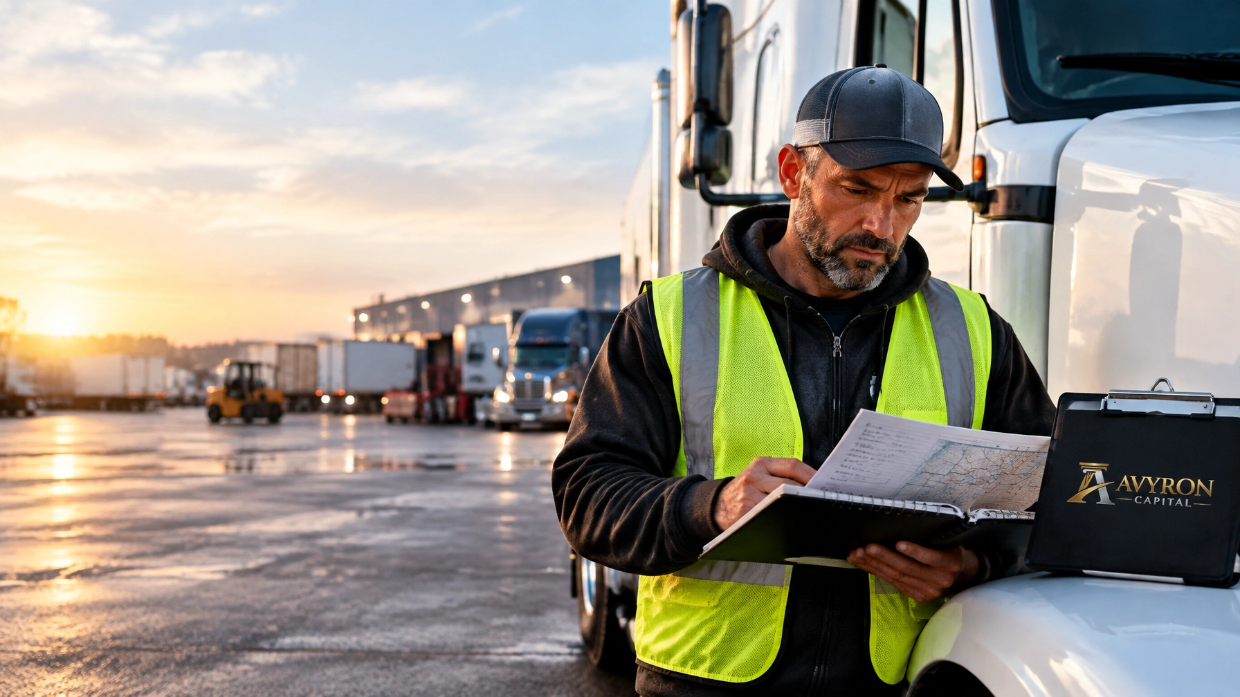 Owner-operator reviewing a route plan beside a semi-truck at a busy freight yard, with Avyron Capital branding