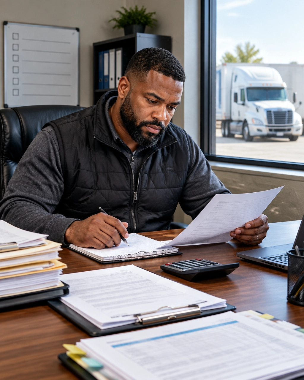 Trucking-business owner completing a pre-peak-season checklist with invoices and maintenance records in a dispatch office