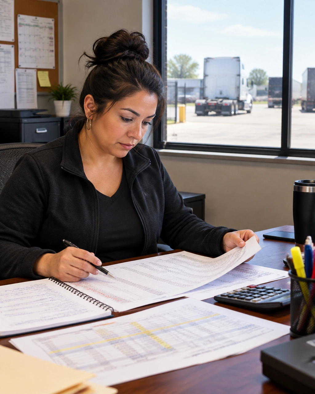 Small-fleet trucking operations manager reviewing payroll and fuel expenses in a dispatch office