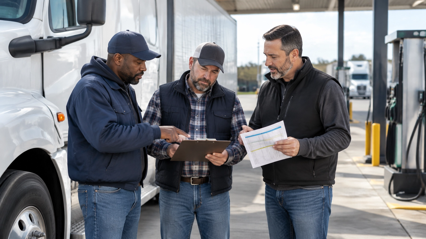 Truck drivers and a fleet owner discussing a maintenance checklist beside a semi-truck at a fuel station