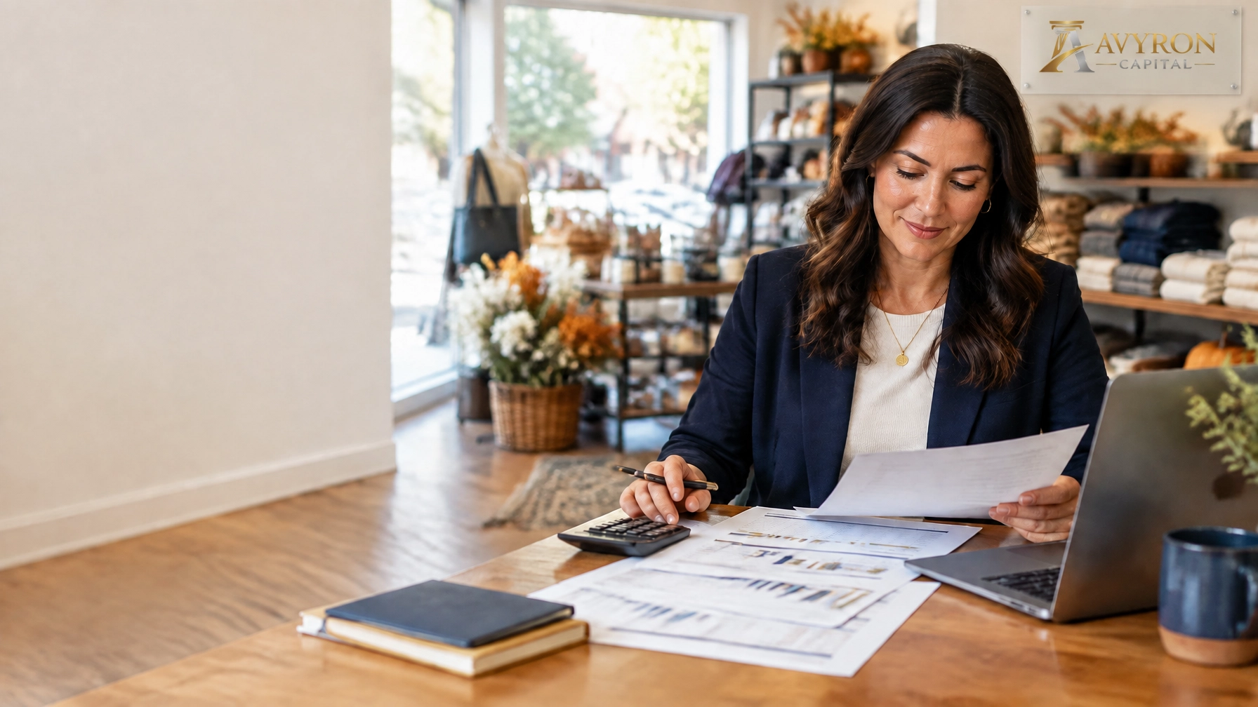 Small-business owner reviewing a year-end cash-flow forecast in a retail shop with the Avyron Capital logo visible in the bac
