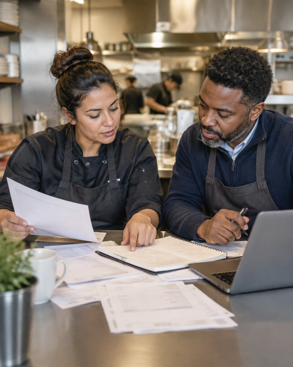 Restaurant owner and manager reviewing invoices and a cash-flow plan before the holiday rush
