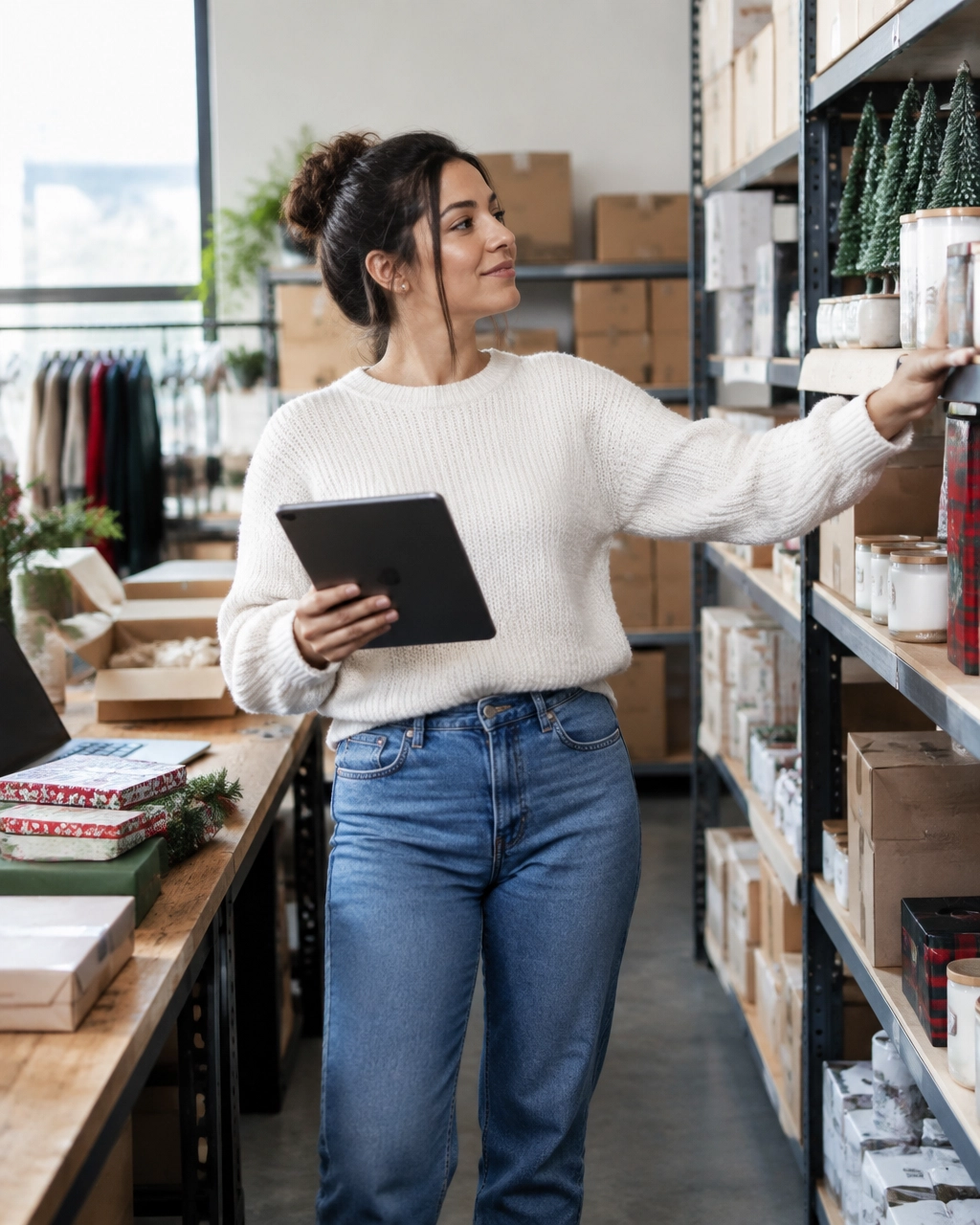 Business owner checking inventory and holiday orders at a packing station