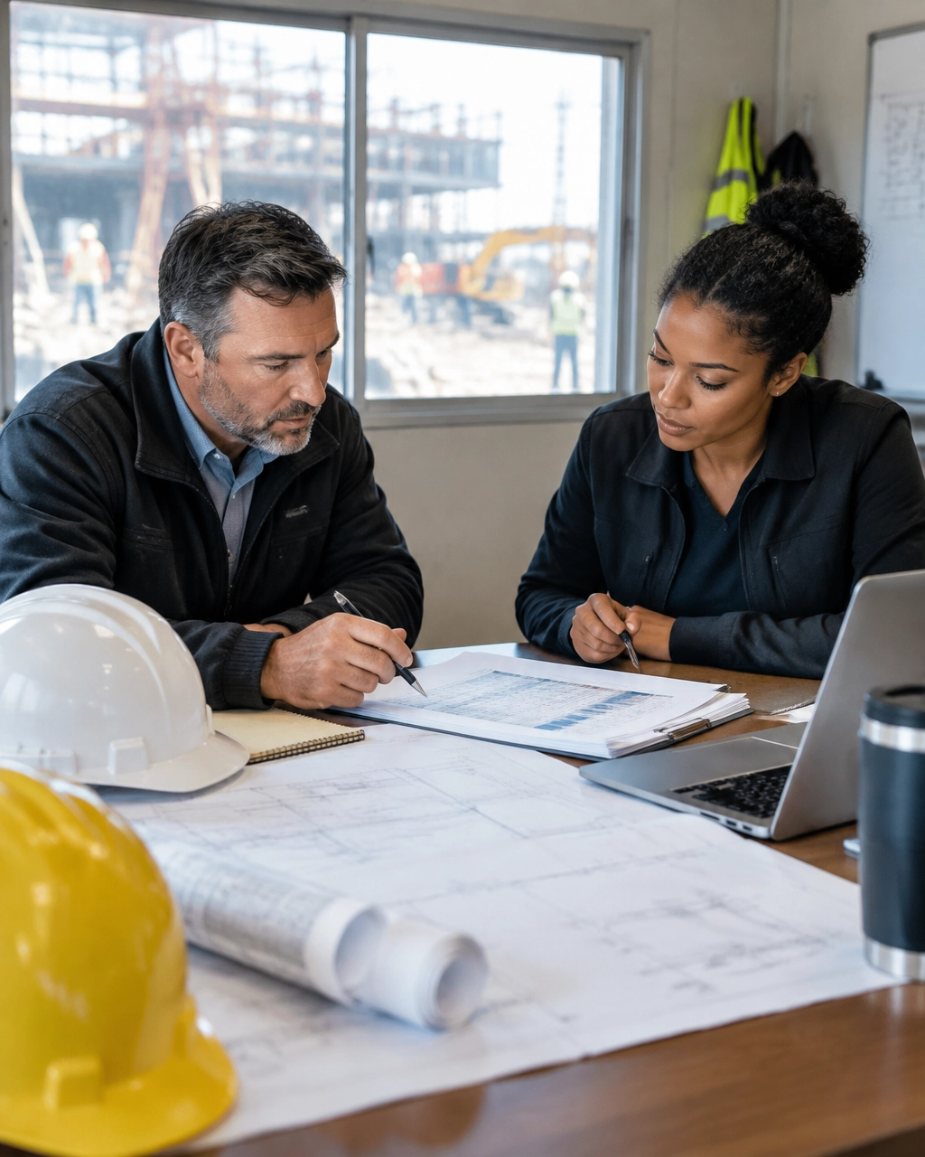 Construction business owner and project manager reviewing a January payroll and operating budget