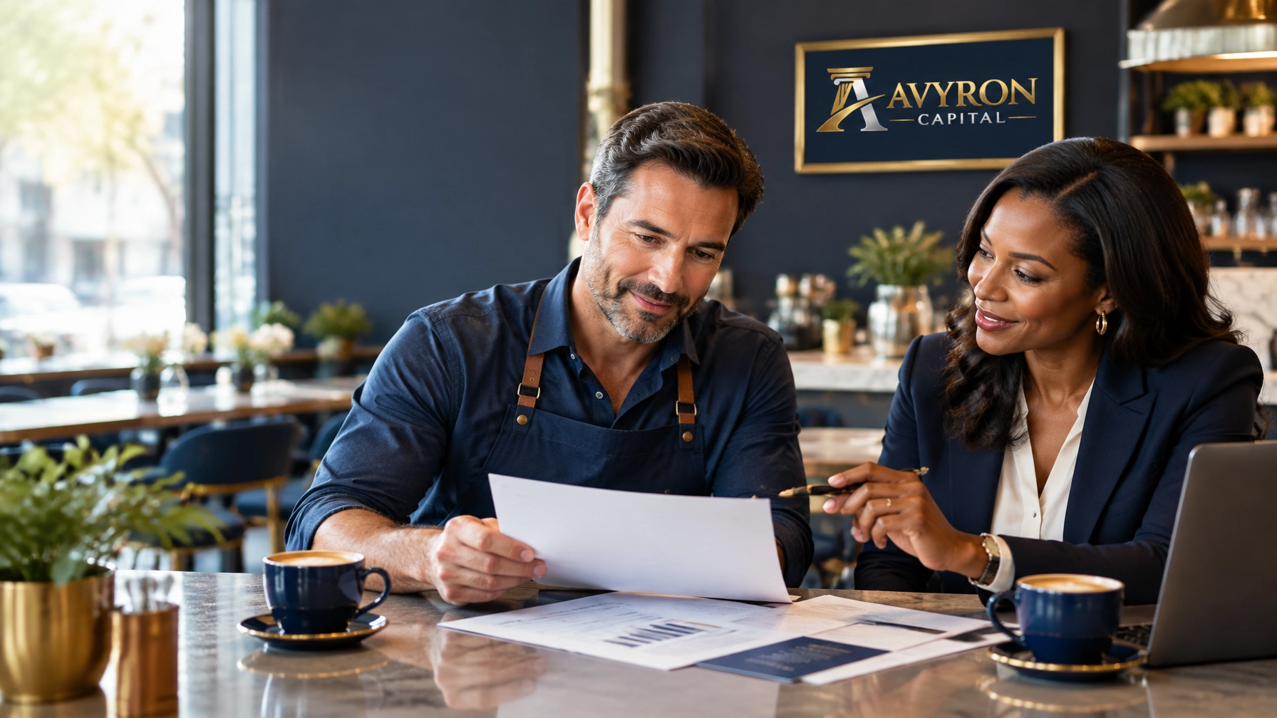 Small-business owner reviewing a funding offer with a financial advisor at a restaurant counter, with the Avyron Capital logo