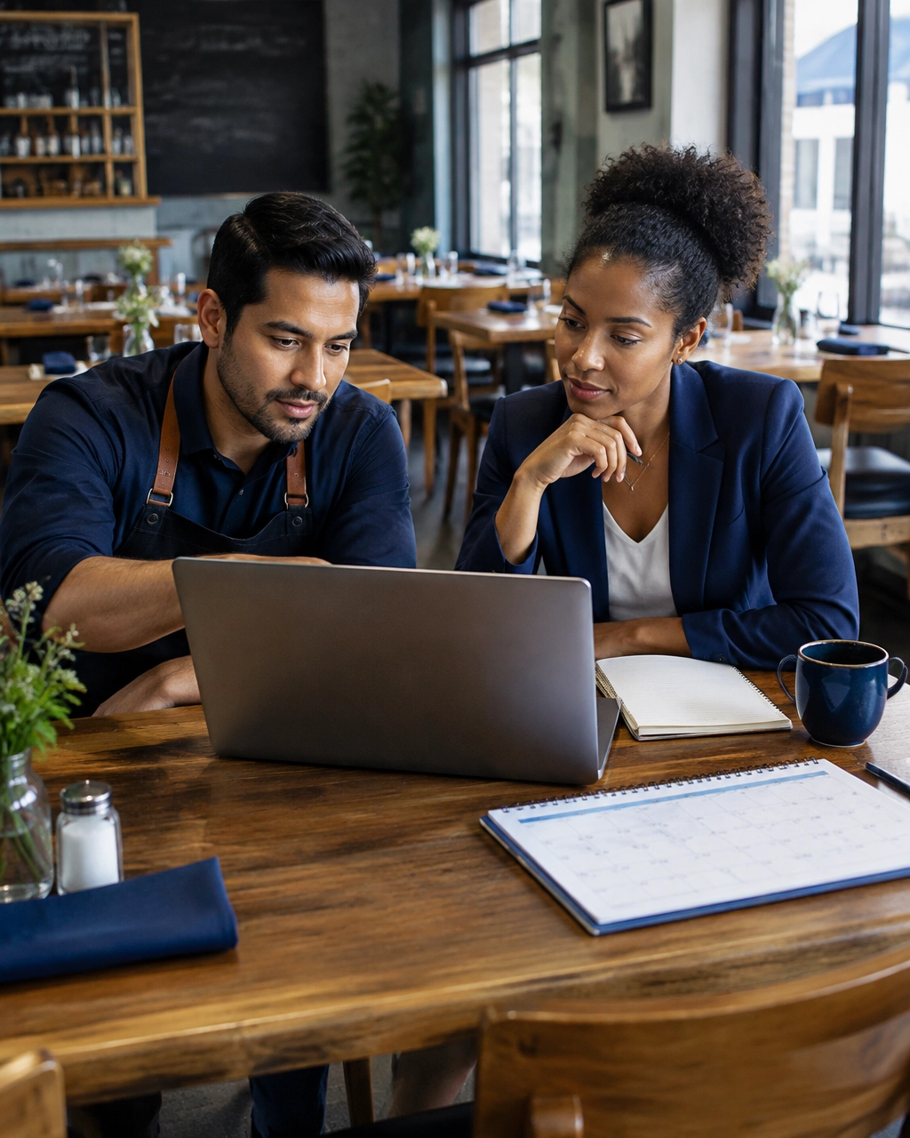 Small-business owners reviewing cash-flow information together in a restaurant before opening