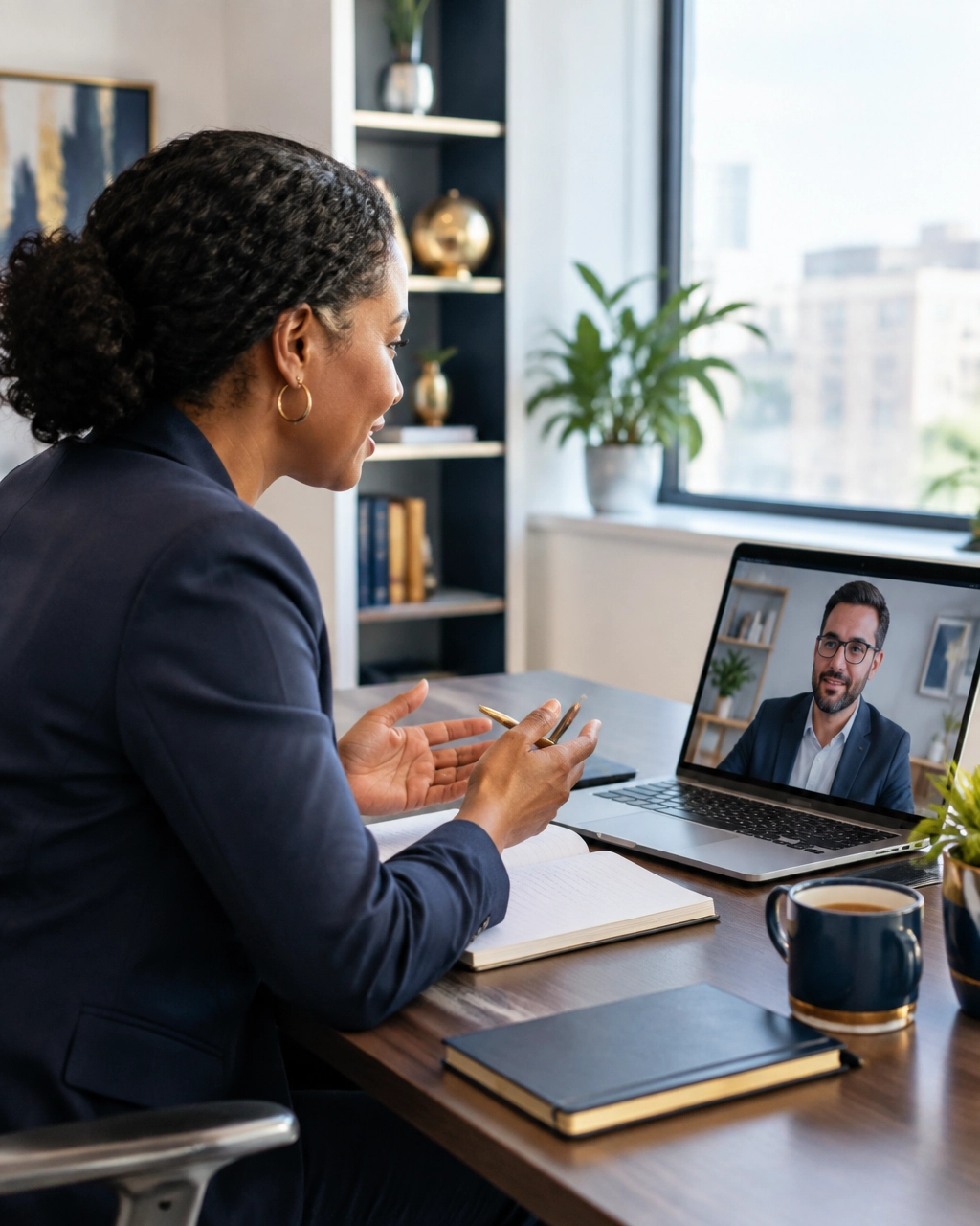 Business owner speaking with a dedicated funding advisor during a professional video call