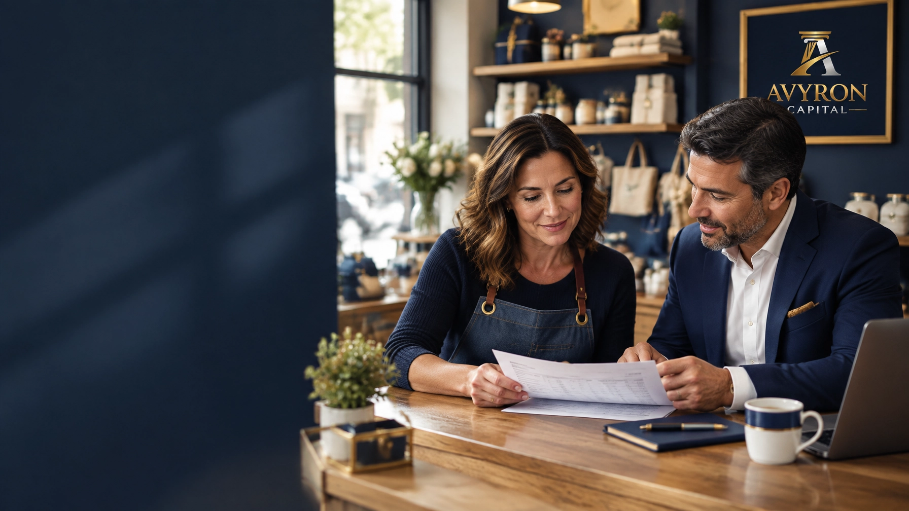 Small-business owner reviewing revenue numbers with an advisor in a retail store featuring the Avyron Capital logo