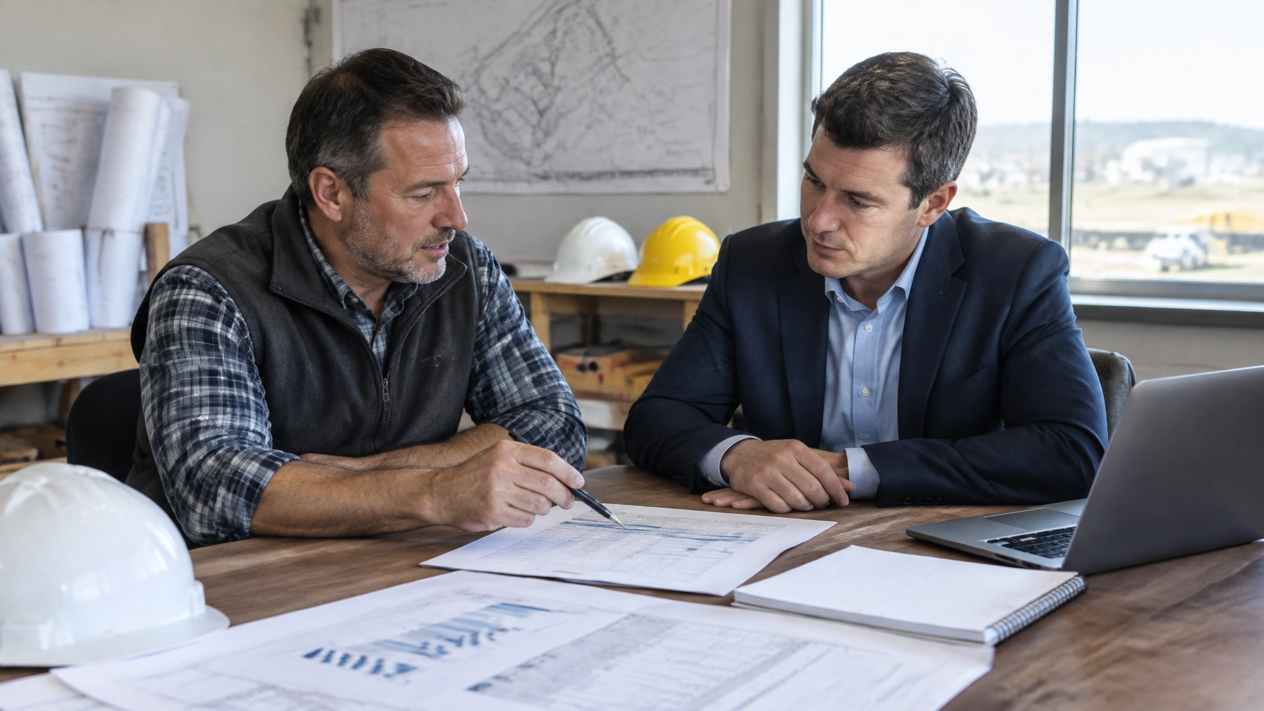 Construction business owner discussing a cash-flow plan with a funding advisor