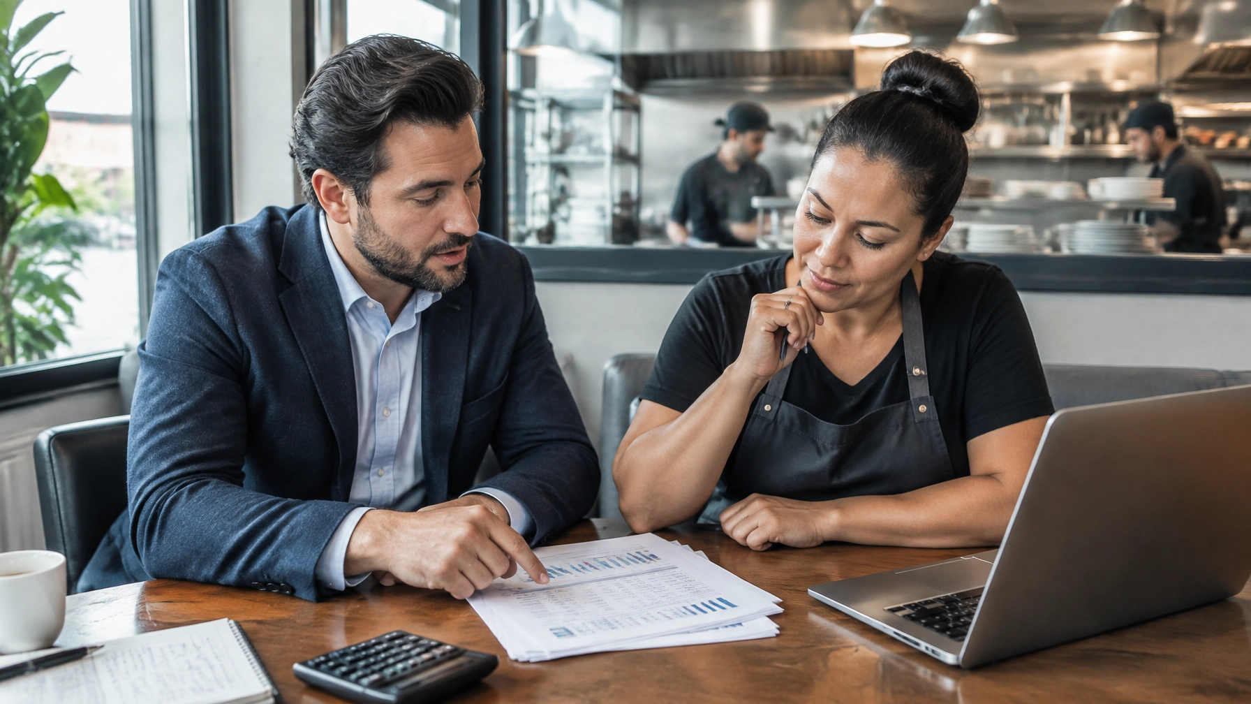 Restaurant owner reviewing revenue figures and a funding plan with an advisor