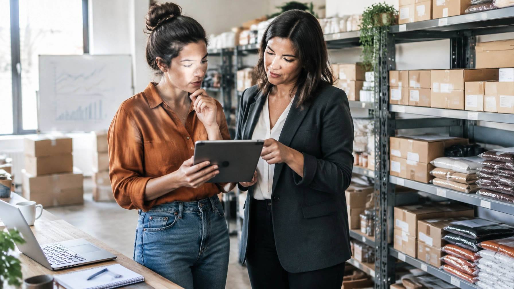 E-commerce business owner reviewing sales data and inventory with a professional advisor