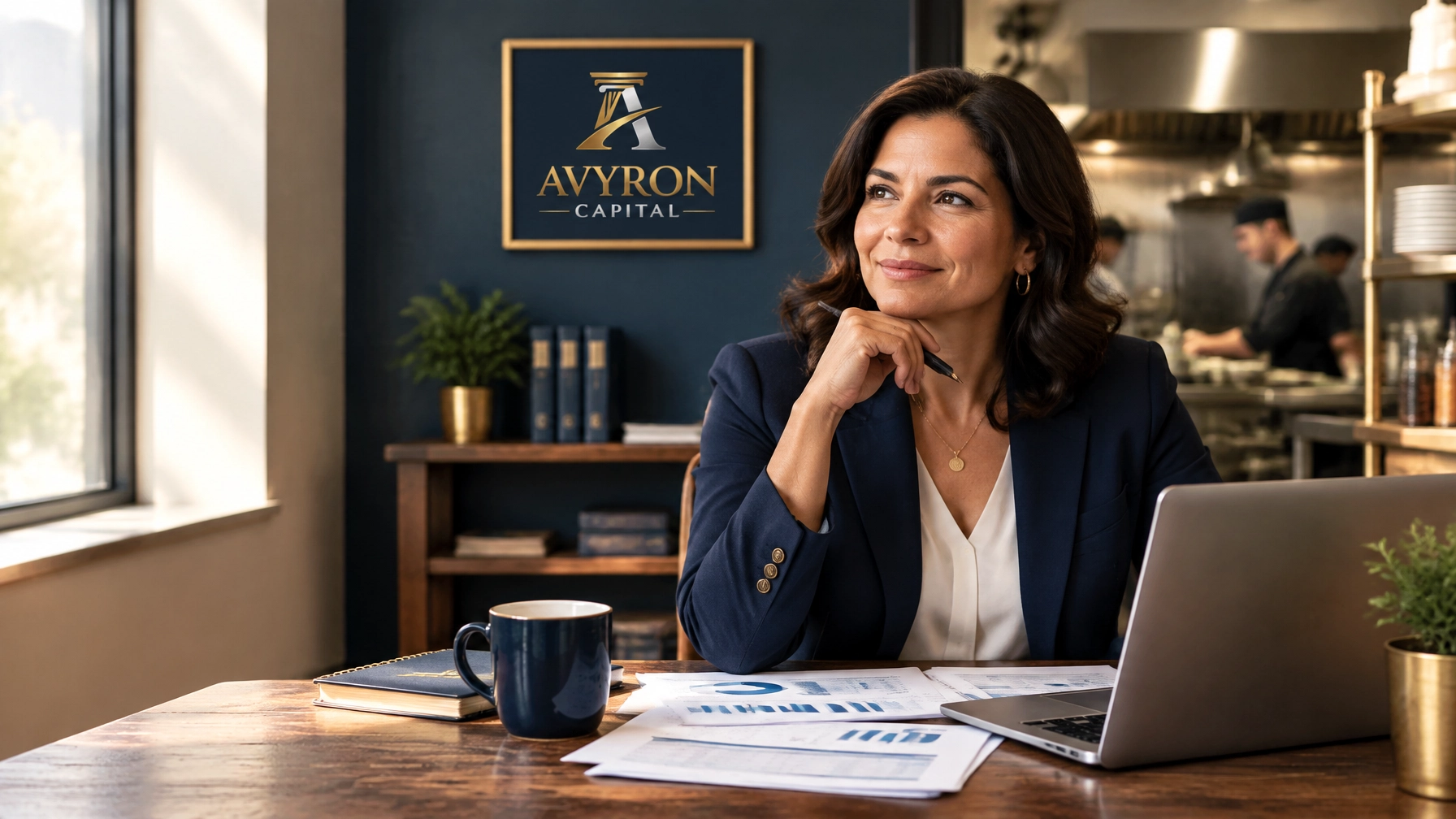 Restaurant owner reviewing business finances in a real-world restaurant setting with the Avyron Capital logo visible