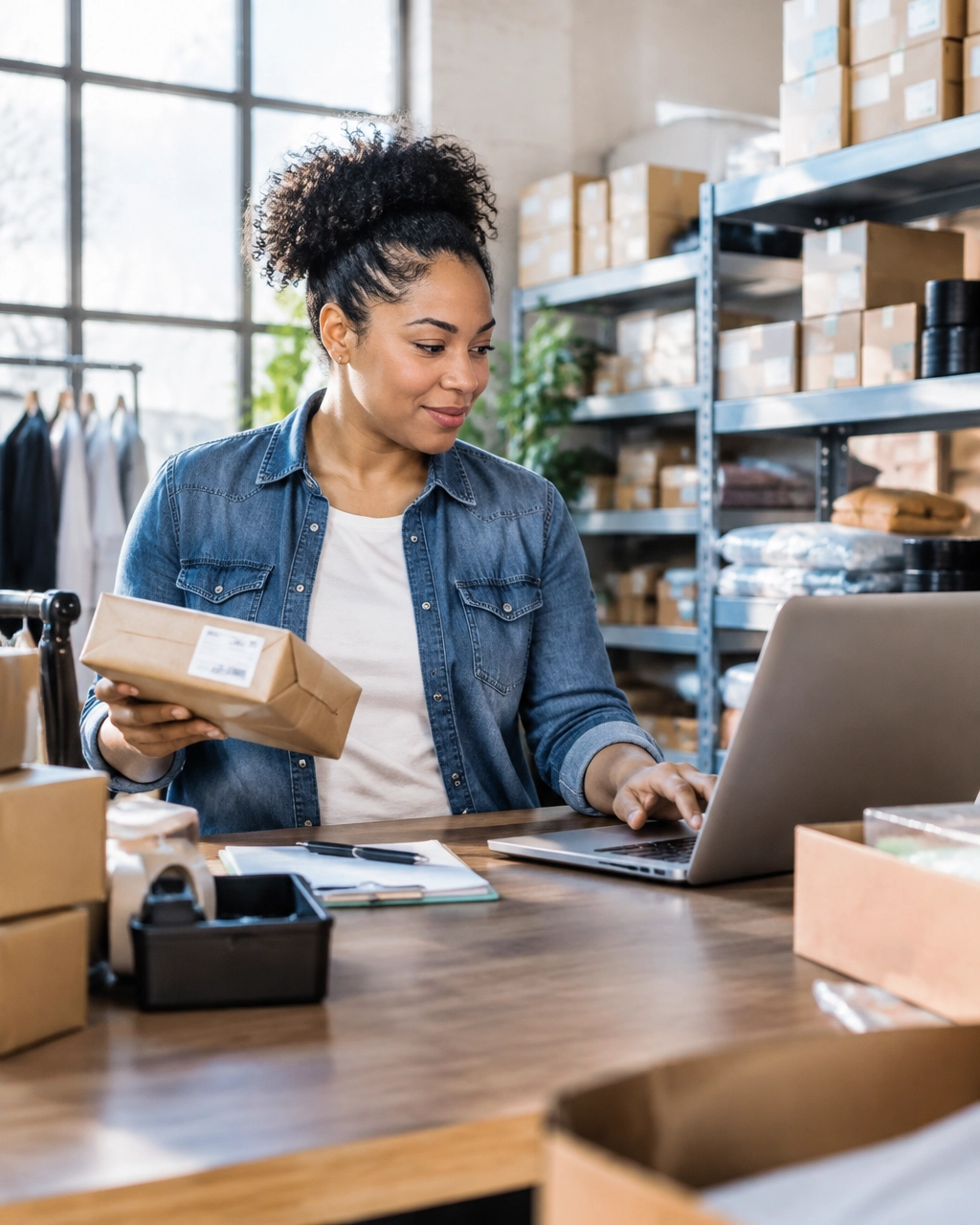 E-commerce business owner reviewing inventory and orders in a real fulfillment workspace