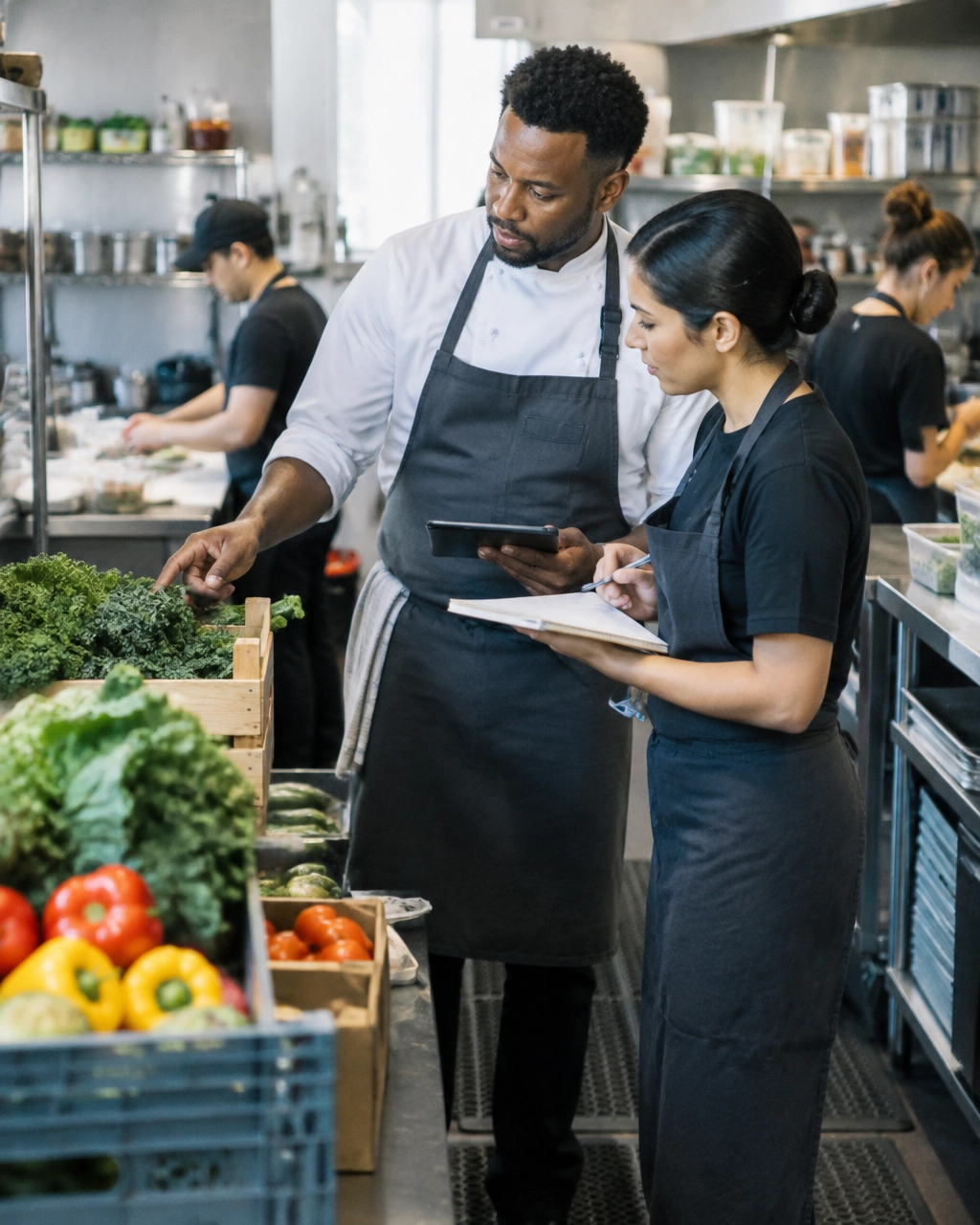 Restaurant owner and employee reviewing inventory and business operations in a commercial kitchen