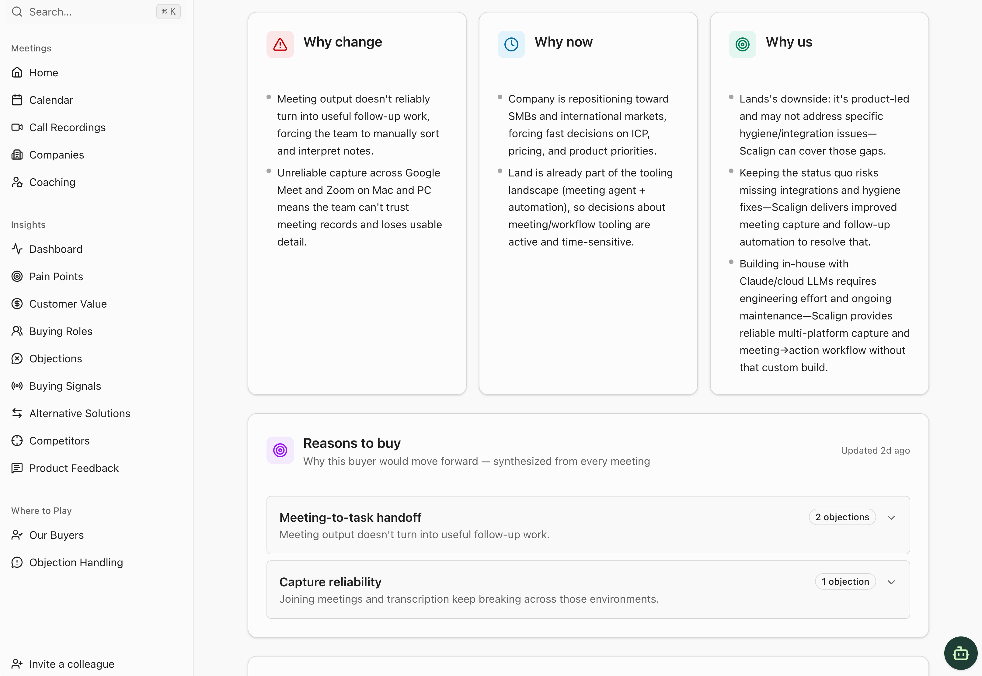 Scalign dashboard showing buyer conversation insights and next-step recommendations