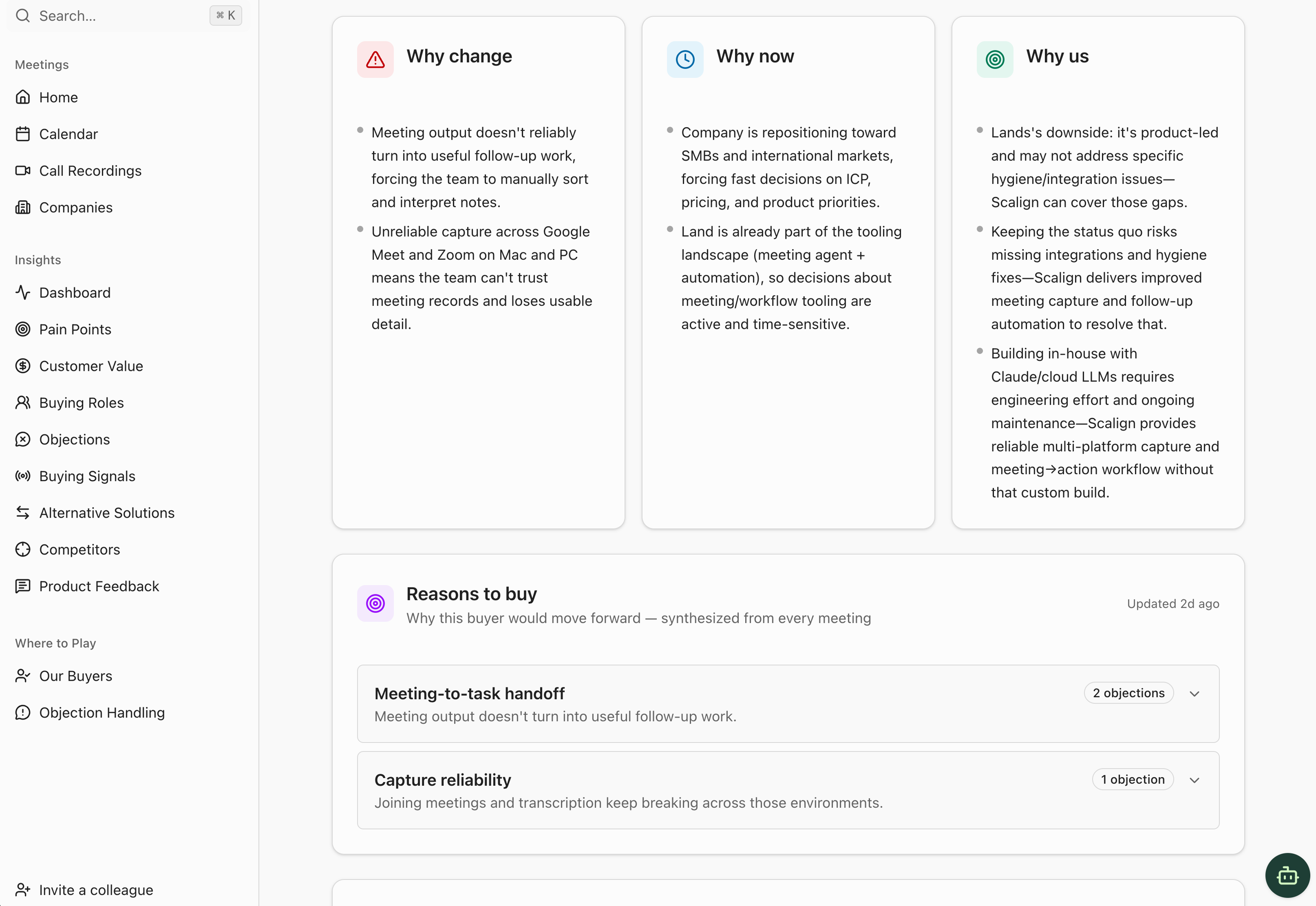 Scalign dashboard showing buyer conversation insights and next-step recommendations