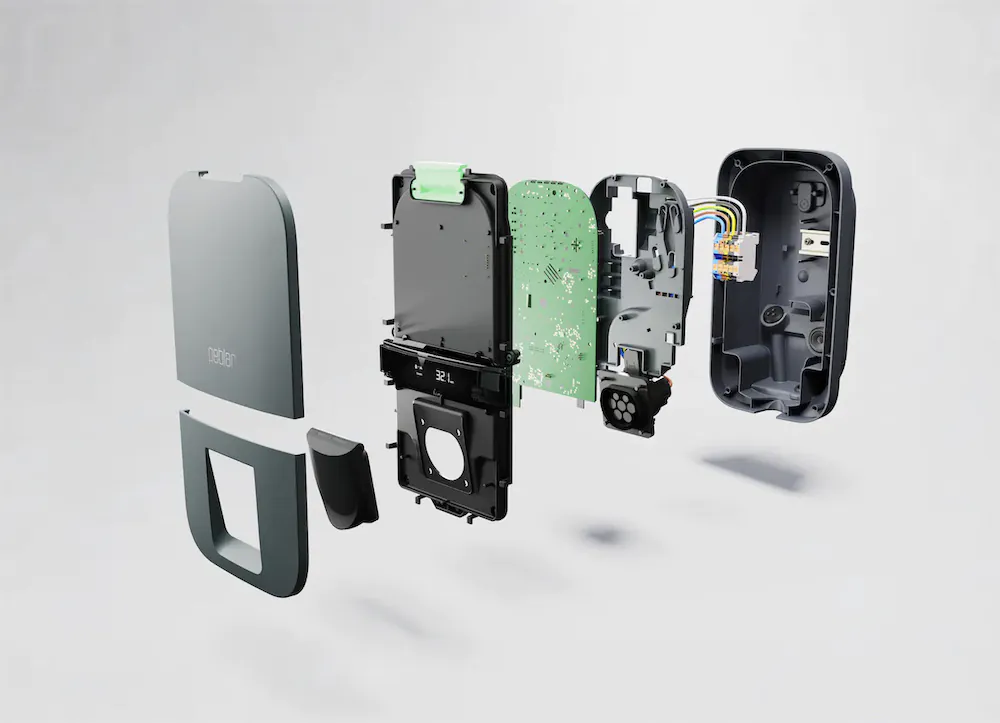 Exploded view of an electronic device showing its separated internal components and circuit board.