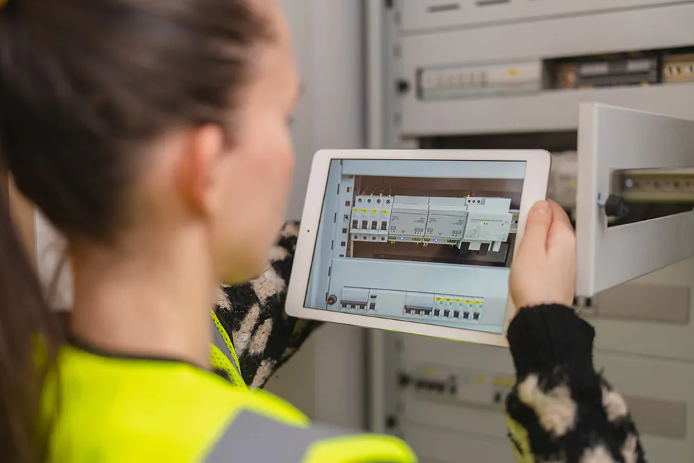 Vrouw met veiligheidsvest die een tablet gebruikt om een elektrische verdeelkast te inspecteren.