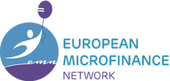 Logo rețelei europene pentru microfinanțare cu simbol stilizat și balon violet.
