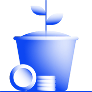 Jarrón azul con una planta y un montón de monedas junto a él, que simbolizan el ahorro.