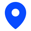 Pictogramă albastră de locație Instant Factoring, în formă de pin cu decupaj central rotund.