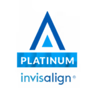 Invisalign Platinum Provider badge with a blue triangle and text on a black background.
