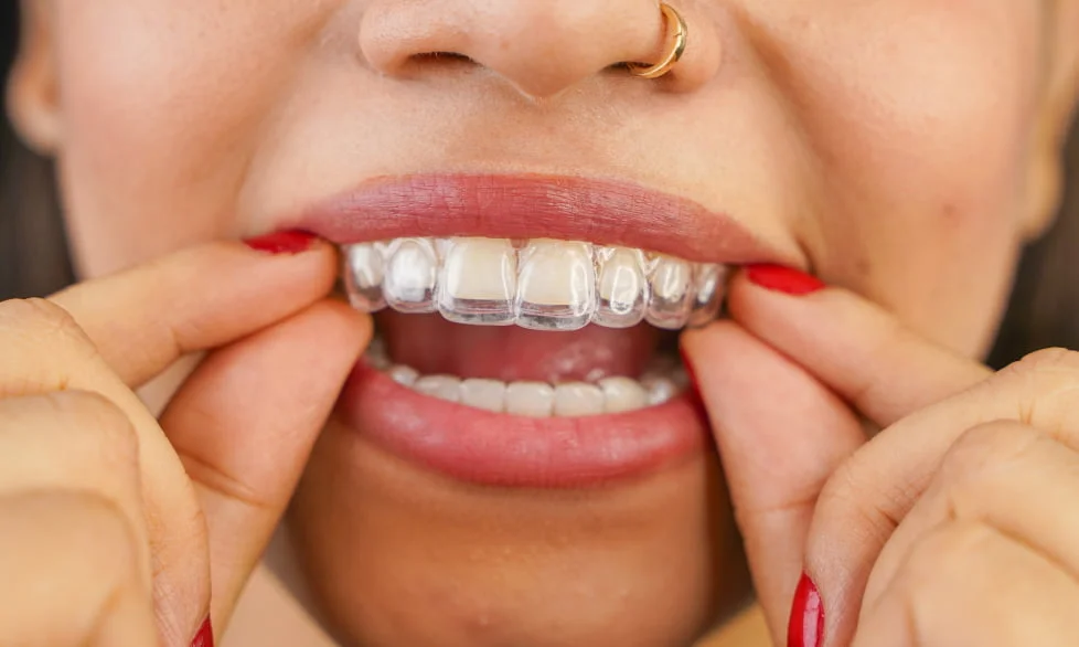 Close-up of a person inserting a clear dental aligner over their upper teeth.