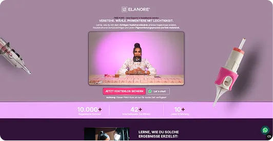Woman demonstrating eyebrow microblading with tattoo machine images and website stats in background.