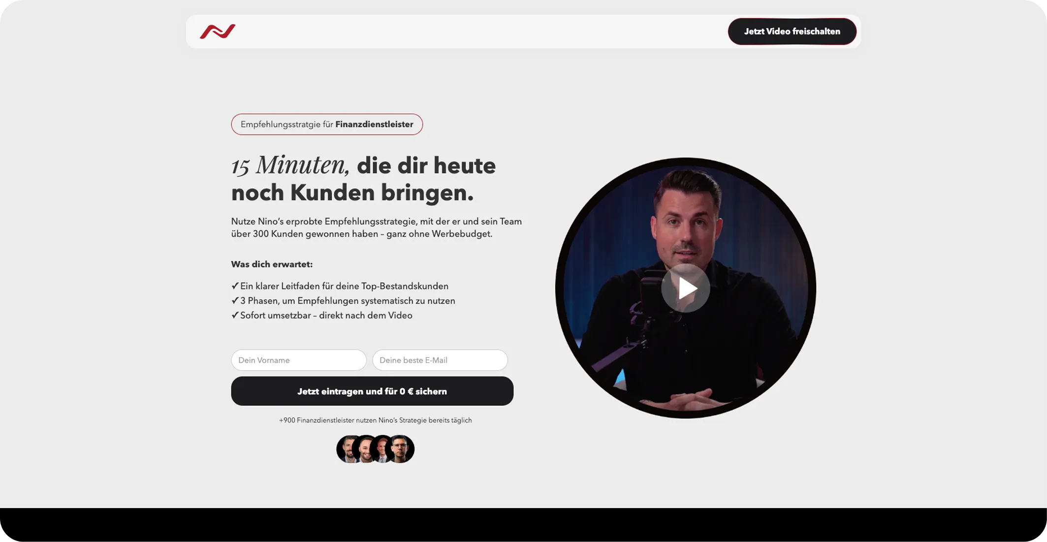 German webpage showing a video of a man offering a 15-minute customer strategy for financial service providers.