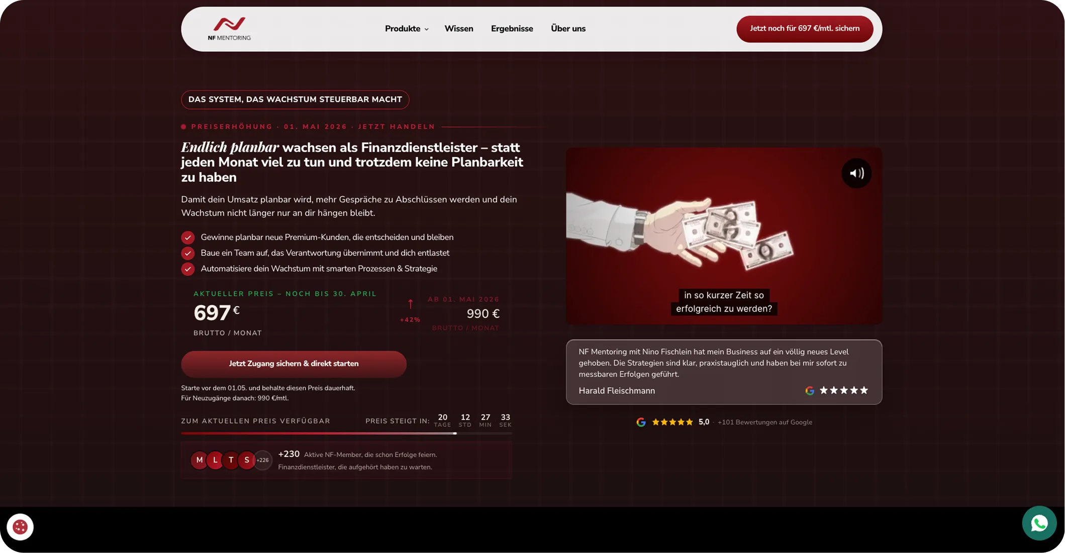 Website offering NF Mentoring for financial service growth with pricing, benefits, and testimonial.