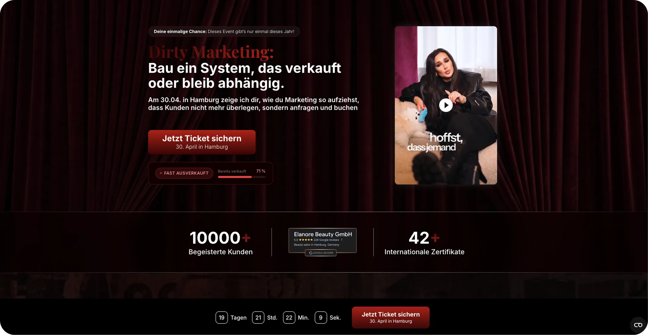 Event promo in German about Dirty Marketing with ticket info, a video thumbnail, and customer stats.