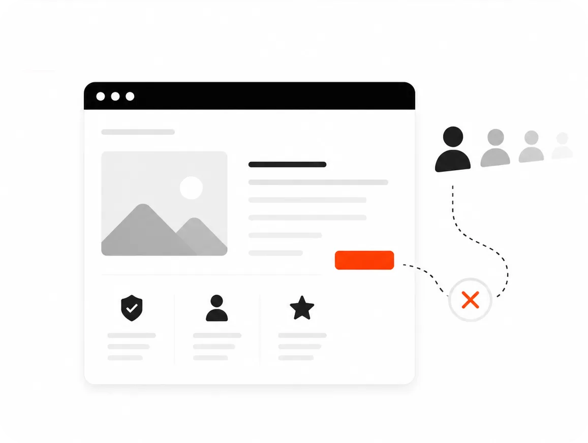 Webpage layout with four user icons fading from dark to light with an X mark connected to the first icon.