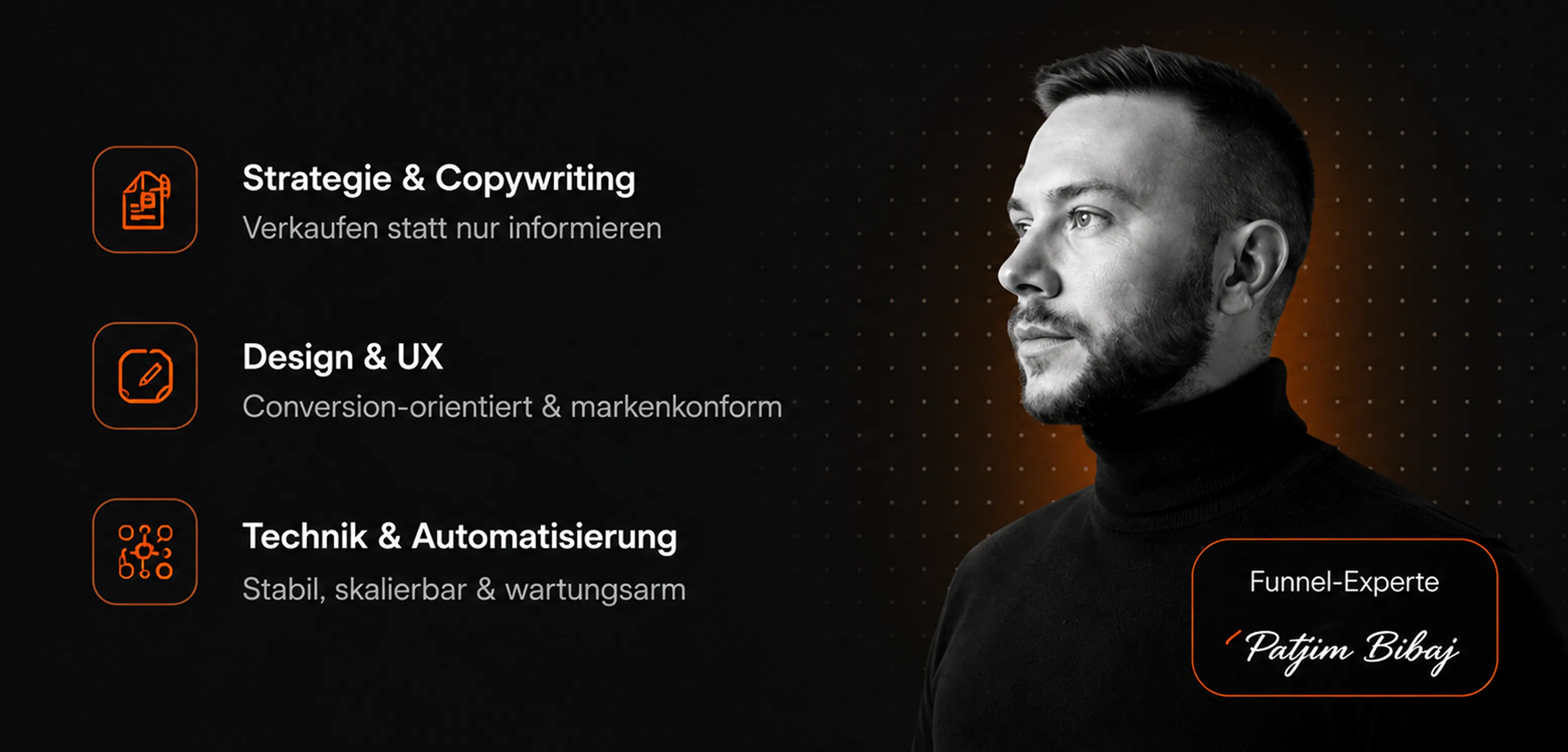 Profile of a man in black turtleneck with German text on marketing, design, tech skills, and expert name Patjim Bibaj.